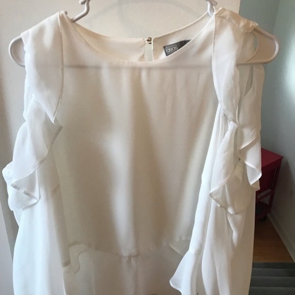 Asos White Ruffled Blouse‎ Cold Shoulder Tiered Long Sleeve Gold Buttons Size 10 - Picture 6 of 16